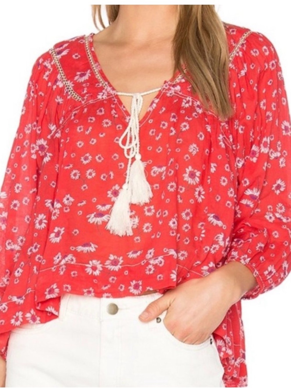 Free People Red Floral Tassel Boho Tunic Top